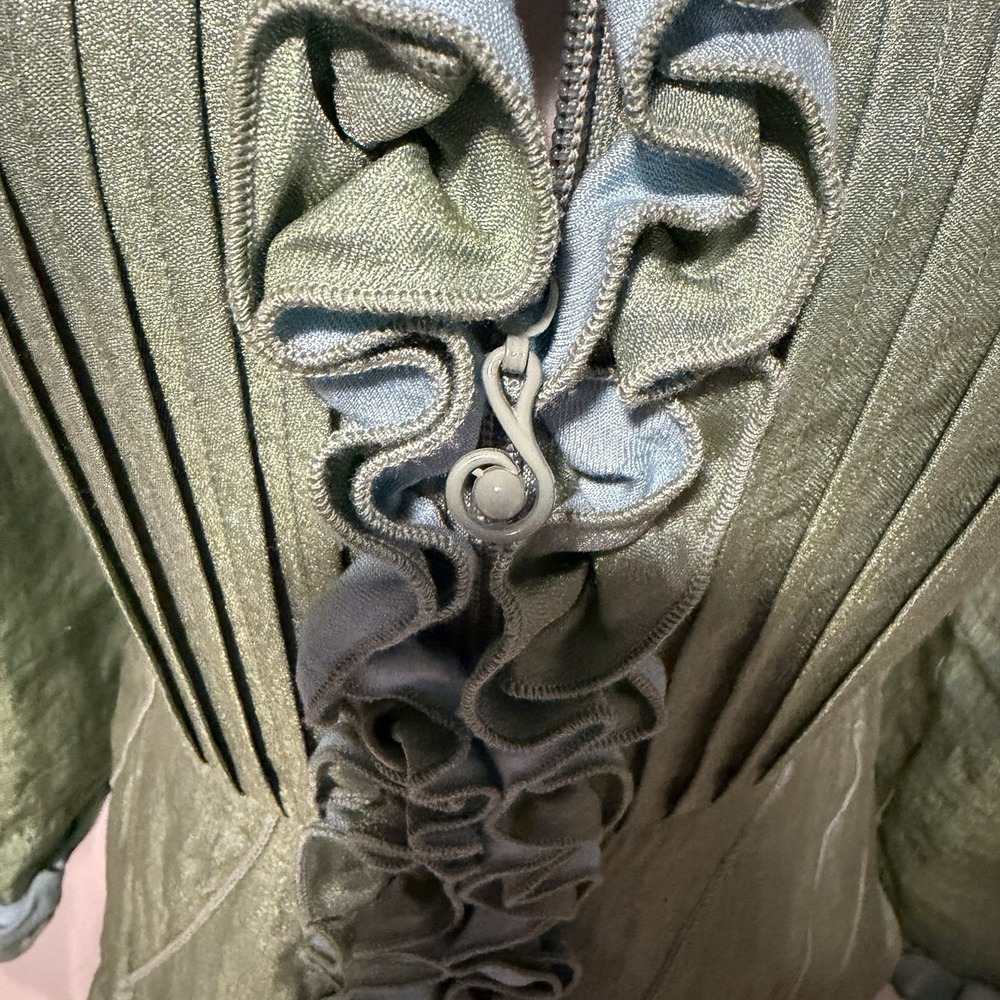 Samuel Dong Green Lagenlook Jacket Coat Dress Ruffle Trim Taffeta Avant Garde Sm - Picture 6 of 10